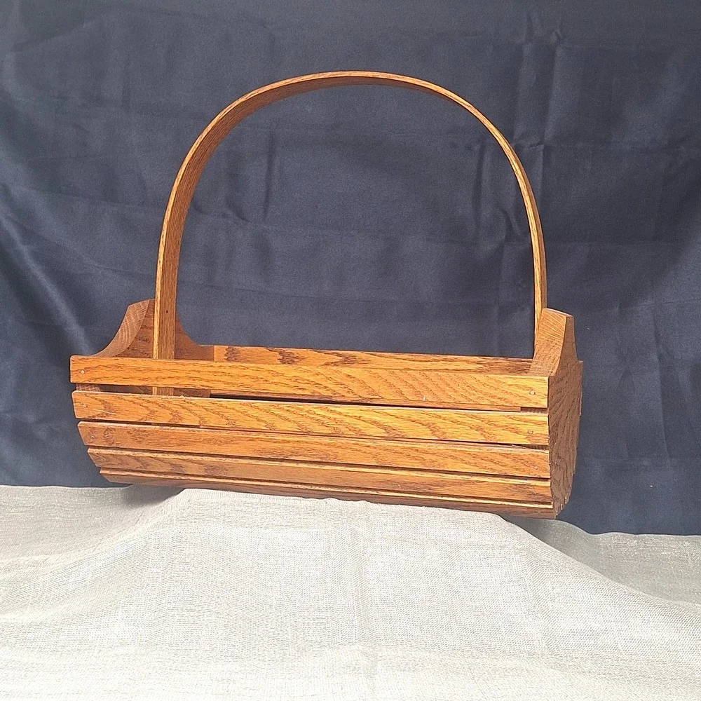 Vintage Oak Wood Slat Basket Tote Trug MCM Bentwood Arch Handle Cross Plains WI